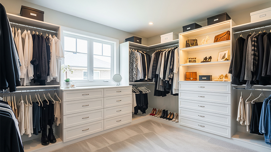 A newly remodeled, bright walk-in closet with white cabinets, built-in shelving, hanging clothes, and a window