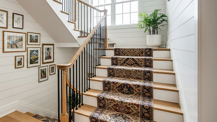 A farmhouse-style staircase with a patterned runner, a black spindle railing, and a gallery wall.